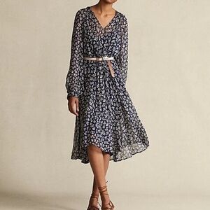 RALPH LAUREN Women’s Floral Print Long Sleeve Dress Navy / Cream Size: 6